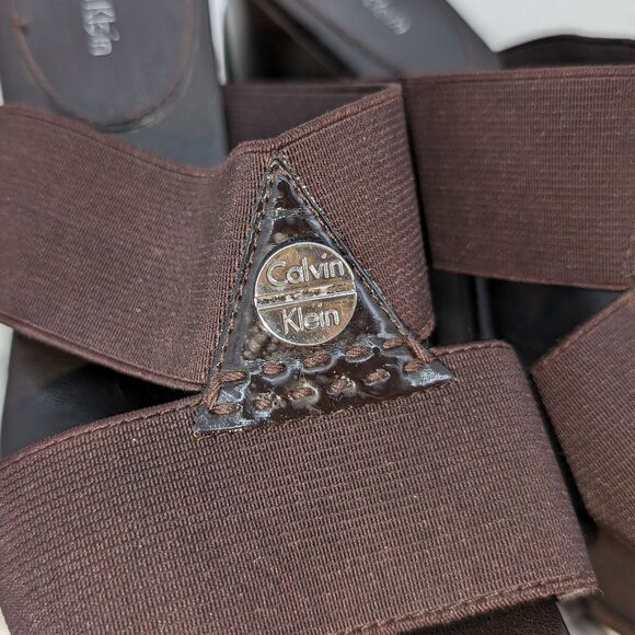 Vintage 1990s y2k Calvin Klein Leather Sandals Brown Logo Wedge Size 7 - Picture 6 of 12